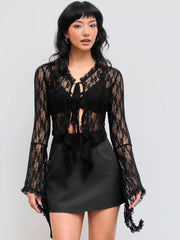 Lace V-neck Solid See-through Long Sleeve Top