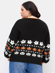 Knit V-neck Star Pumpkin Ghost Contrasting Binding Oversized Cardigan Curve & Plus