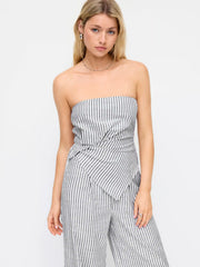 Cotton-blend Stripe Asymmetrical Hem Ruched Shirred Wide Leg Bandeau Jumpsuit