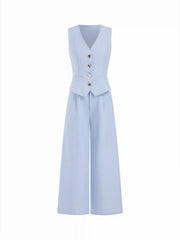 V-neck Metal Button Pocket Wide Leg Jumpsuit