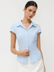 Linen-blend Collar Knotted Tie Back Shirt