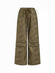 Mid Rise Tree Branch Pattern Ruched Drawstring Cargo Trousers