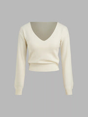 100% Wool V-neck Solid Ruched Long Sleeve Top