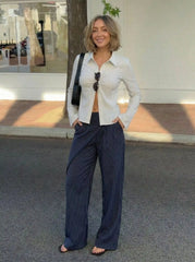 Mid Rise Striped Wrap Front Barrel-leg Trousers