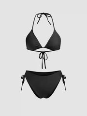 Halter Neckline Drawstring Knotted Tie Side Bikini Set