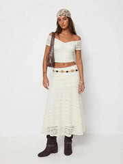 Lace Off-Shoulder Crop Top & Mid Rise A-line Maxi Skirt Set