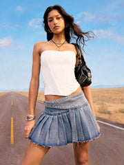 Washed Denim Low Rise Metal Detail Pleated Micro Mini Skirt
