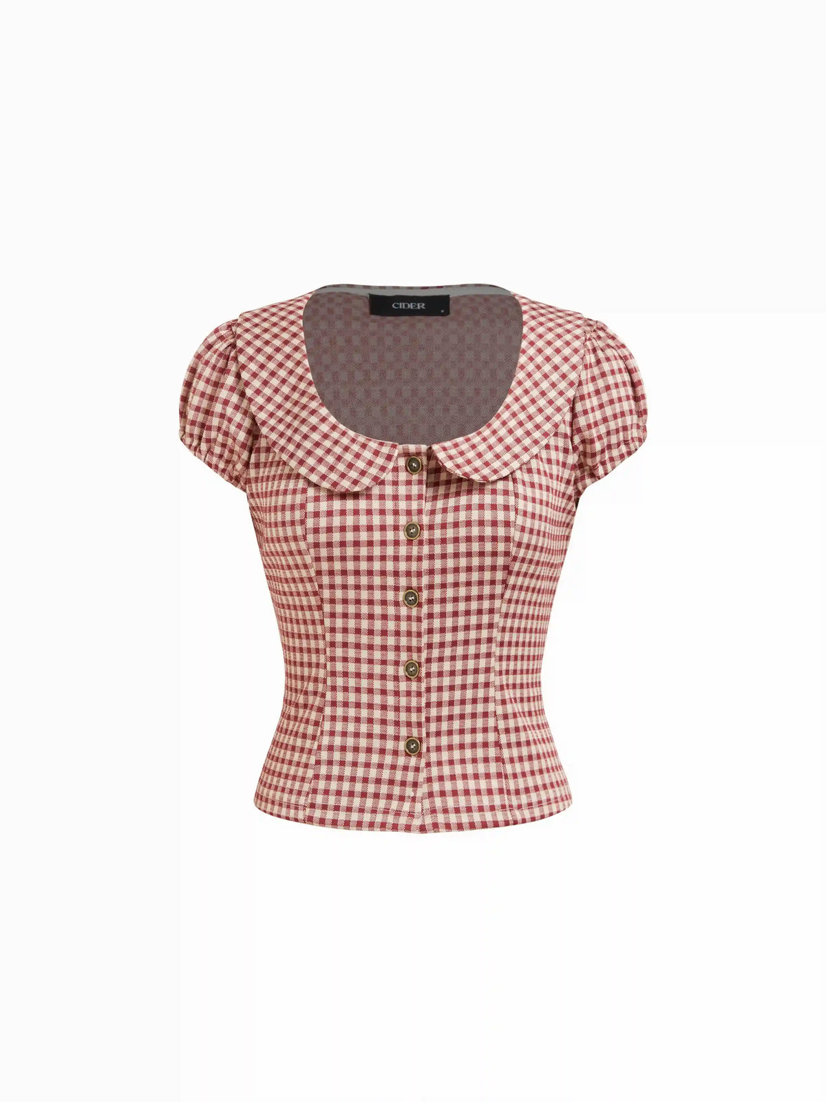 Red Gingham Peter Pan Collar Puff Sleeve Crop Blouse