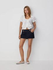Cotton-blend Square Neck Puff Sleeve Lace Panel Blouse