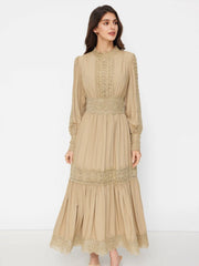 High Neck Long Sleeve Contrasting Lace Hollow Out A-line Maxi Dress