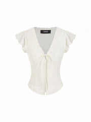 Jacquard V-Neck Ruffle Sleeve Lace Panel Top