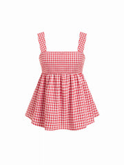 Cotton-blend Gingham Square Neck Bowknot A-line Cami Top