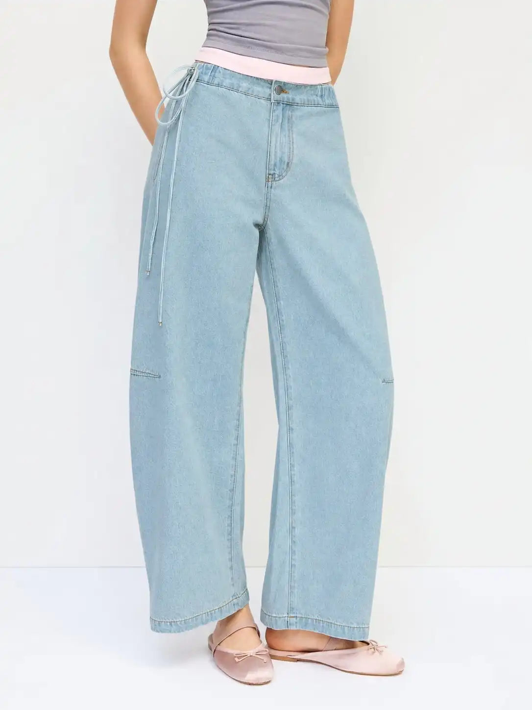 Denim Mid Rise Barrel-Leg Side Strap Jeans