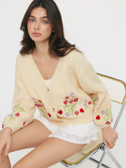 Knit Strawberries & Flowers Embroidery V-neck Lantern Sleeve Cardigan