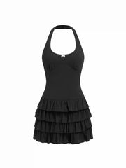 Cotton-blend Scoop Neck Bowknot Tiered Mini Dress