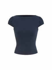Cotton-blend Boat Neck Puff Sleeve Crop Tee