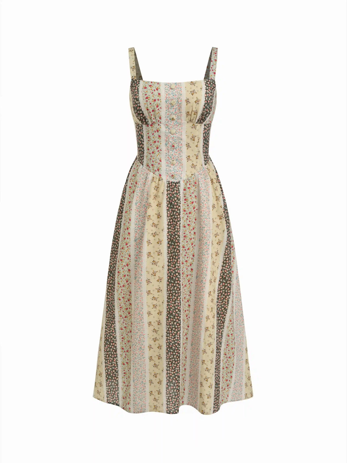 Cotton-blend Floral Colorblock Lace Up A-line Maxi Cami Dress