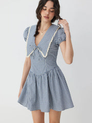 Cotton Gingham Puff Sleeve Asymmetrical Babydoll Mini Dress