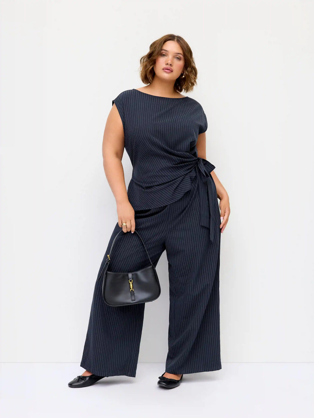 Boat Neck Stripe Ruched Knotted Wide Leg Jumpsuit Curve & Plus