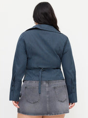 Cotton-blend Stripe Collar Long Sleeve Ruched Belted Shirt Curve & Plus