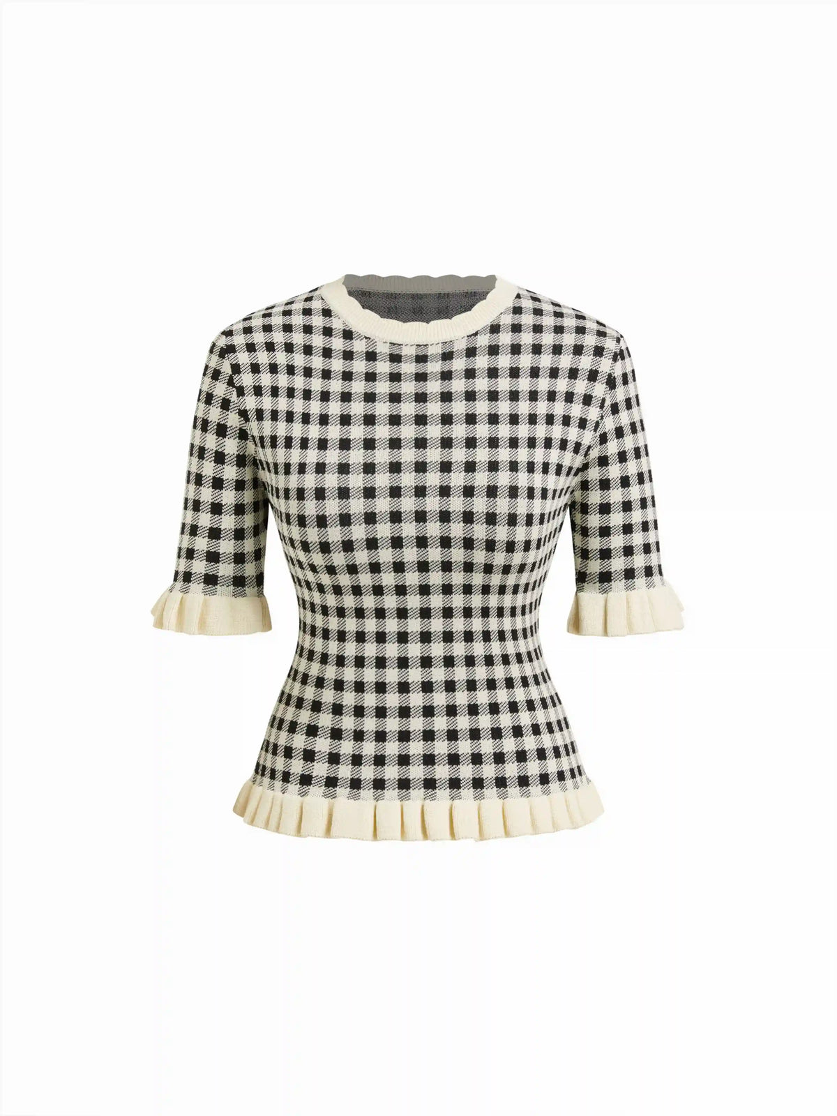 Knit Round Neckline Gingham Contrasting Binding Ruffled Top