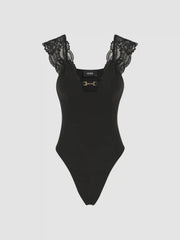 Lace Trim Solid Bodysuit