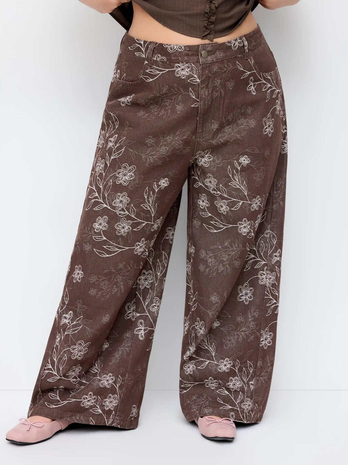 Cotton-blend Low Rise Floral Wide Leg Trousers Curve & Plus