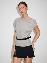Knit Boat Neck Top With Belt