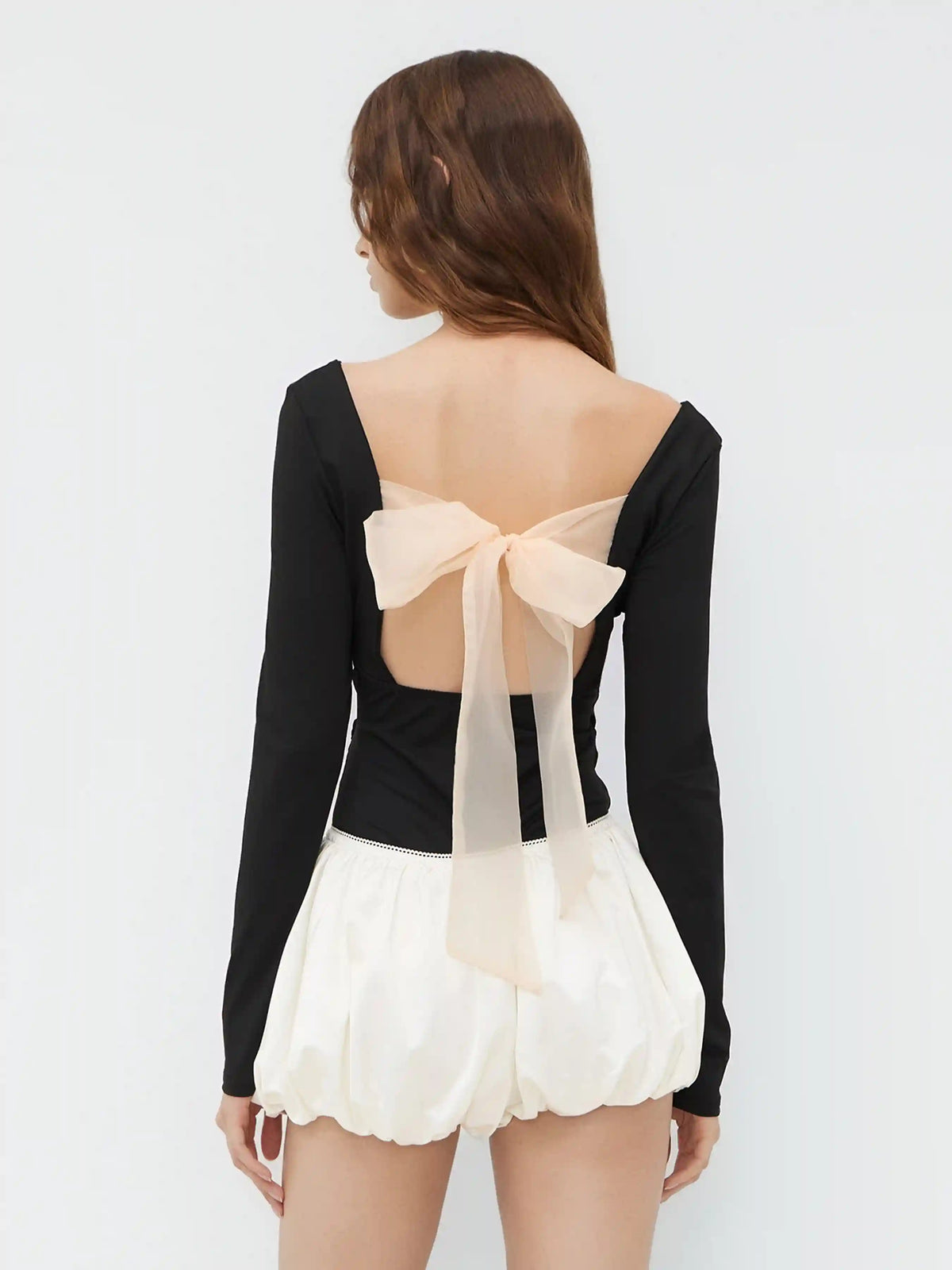 Square Neck Ruched Bowknot Bodysuit