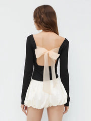 Square Neck Ruched Bowknot Bodysuit