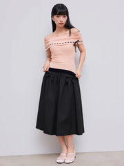 Mid Rise Bowknot Ruffle Solid Midi Skirt