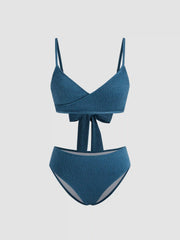 Texture V-neck Bowknot Criss-Cross Cheeky Bikini Set
