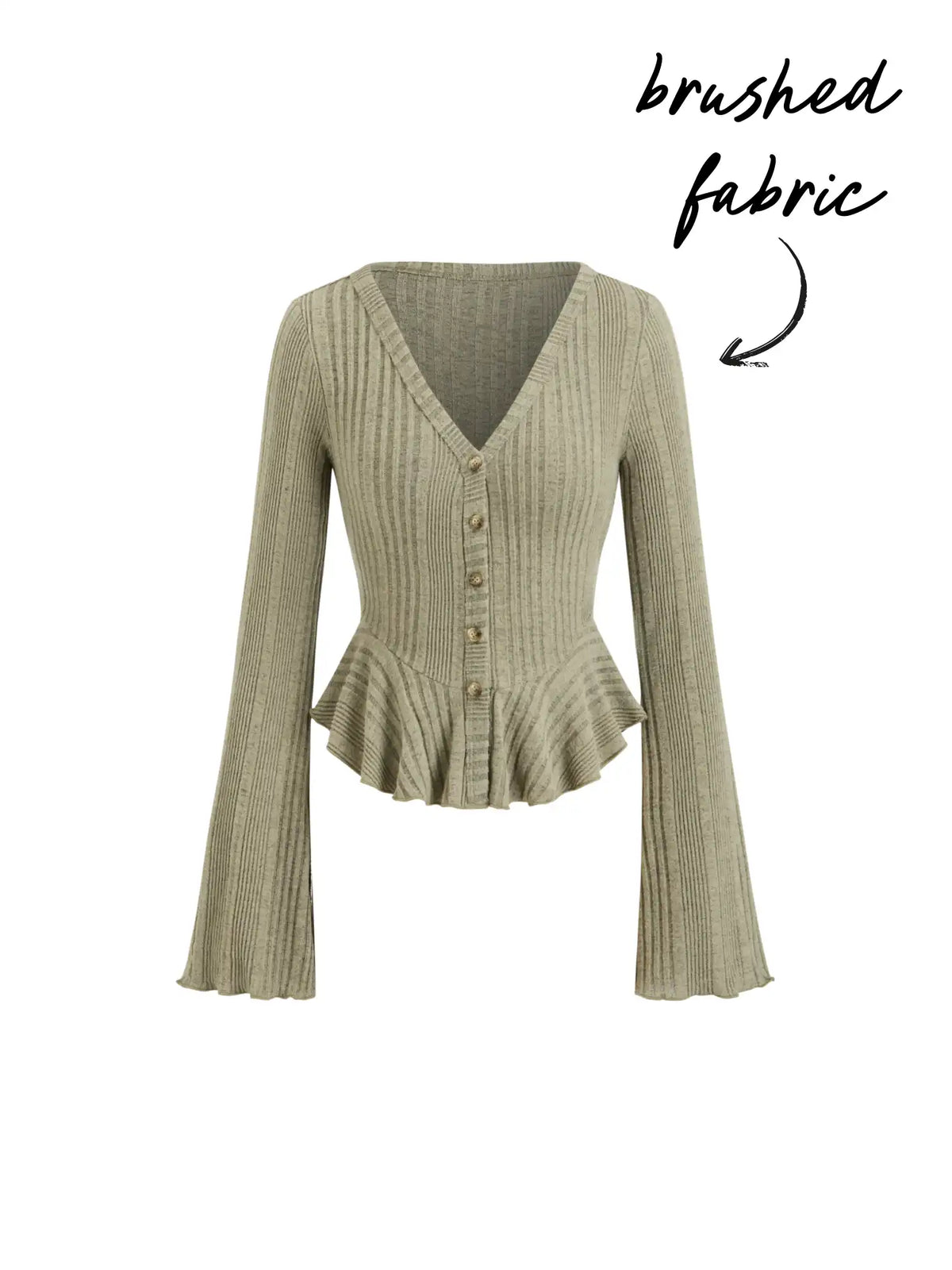 Brushed Fabric V-neck Bell Sleeve Ruffle Hem Button Top