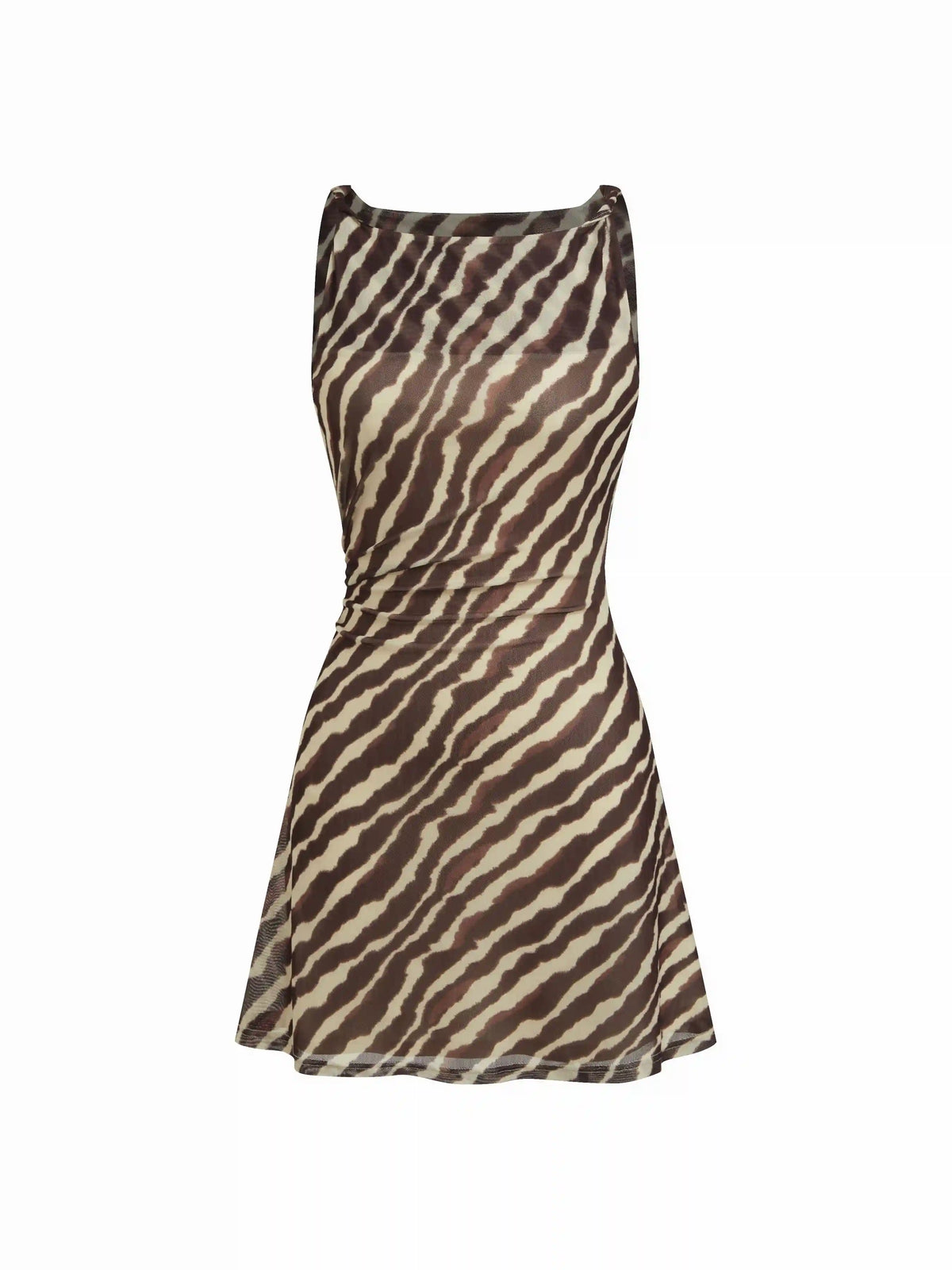 Mesh Zebra Striped Boat Neck Ruched Mini Dress