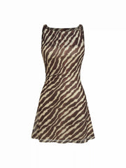 Mesh Zebra Striped Boat Neck Ruched Mini Dress