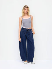 Denim Mid Rise Washed Barrel-leg Belted Jeans