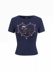 Cotton-blend Heart & Dog Graphic Embroidery Short Sleeve Top