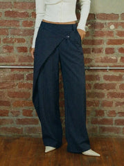 Mid Rise Striped Wrap Front Barrel-leg Trousers