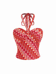 Jacquard Halter Neck Twist Knotted Crop Top