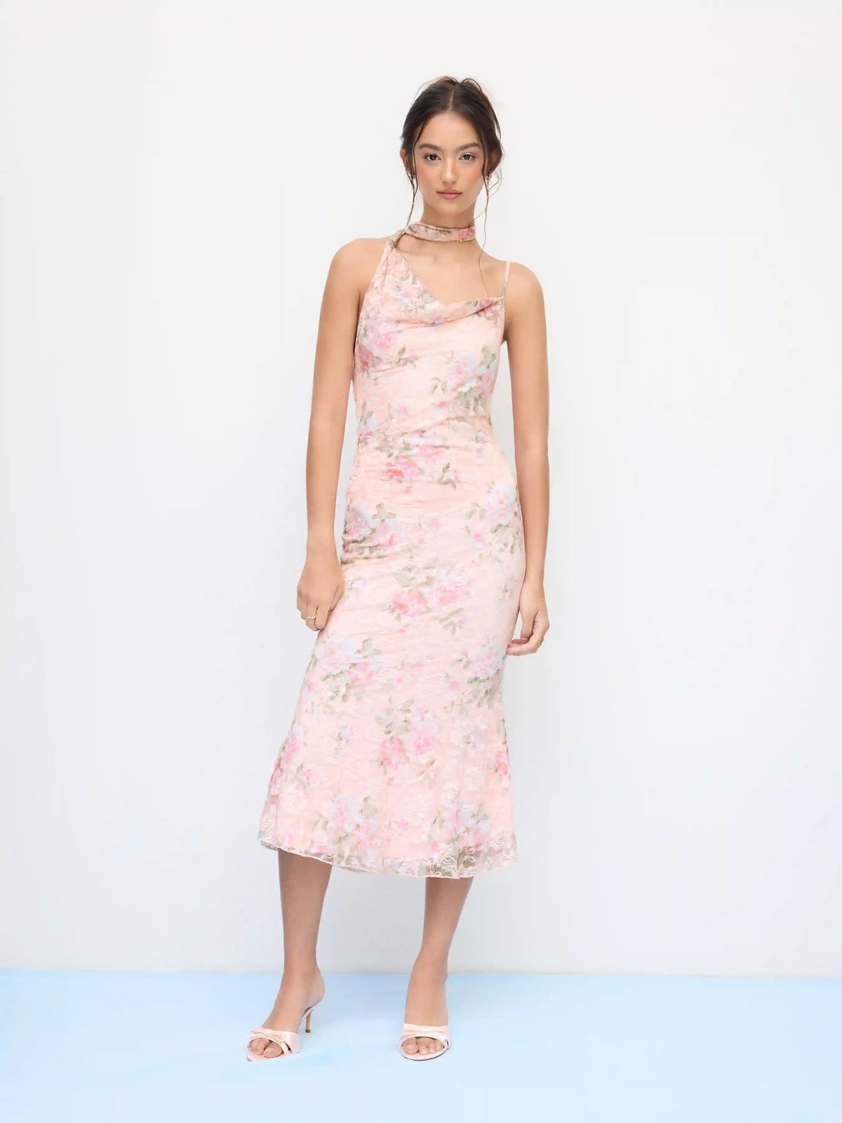 Lace Floral Cowl Neck Mermaid Maxi Dress With Scarf