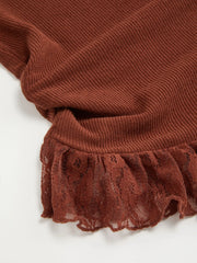 Round Neckline Lace Trim Ruched Long Sleeve Top Curve & Plus