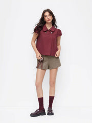 Cotton-blend Collar Double Breasted Short Puff Sleeve Oversized Blouse