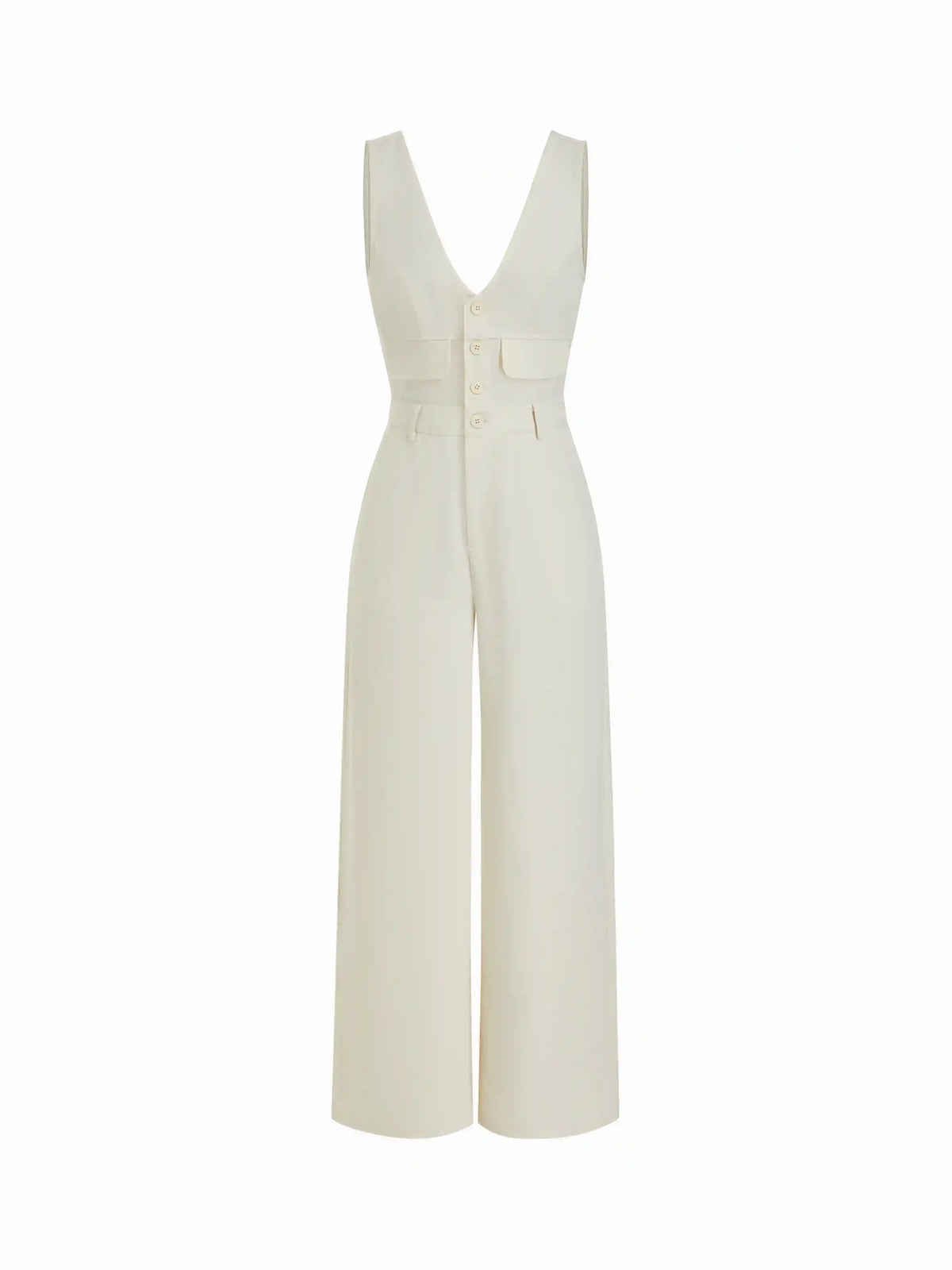 V-neck Button Front High Rise Straight Leg Jumpsuit