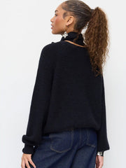 Knit V-neck Button Long Sleeve Oversized Top With Scarf