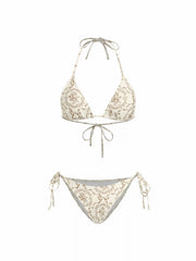 V-neck Bowknot & Flower Knotted Halter Tie Side Bikini Set With Lace Sarong