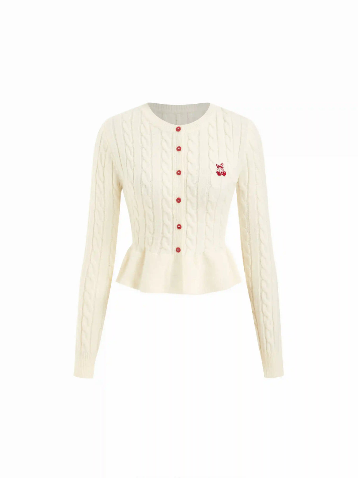 Cable Knit Cherry Embroidery Long Sleeve Ruffle Hem Cardigan