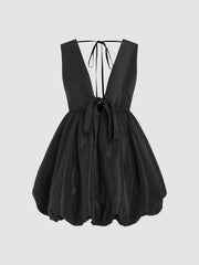 V-neck Bowknot Tie Back Bubble Mini Dress