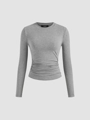 Round Neckline Solid Ruched Long Sleeve Top & Mid Rise Ruffle Hem Trousers Set