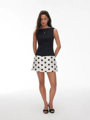 Colorblock Boat Neck Polka Dot A-line Mini Dress