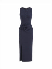 Cotton-blend Round Neckline Twist Side Split Maxi Dress